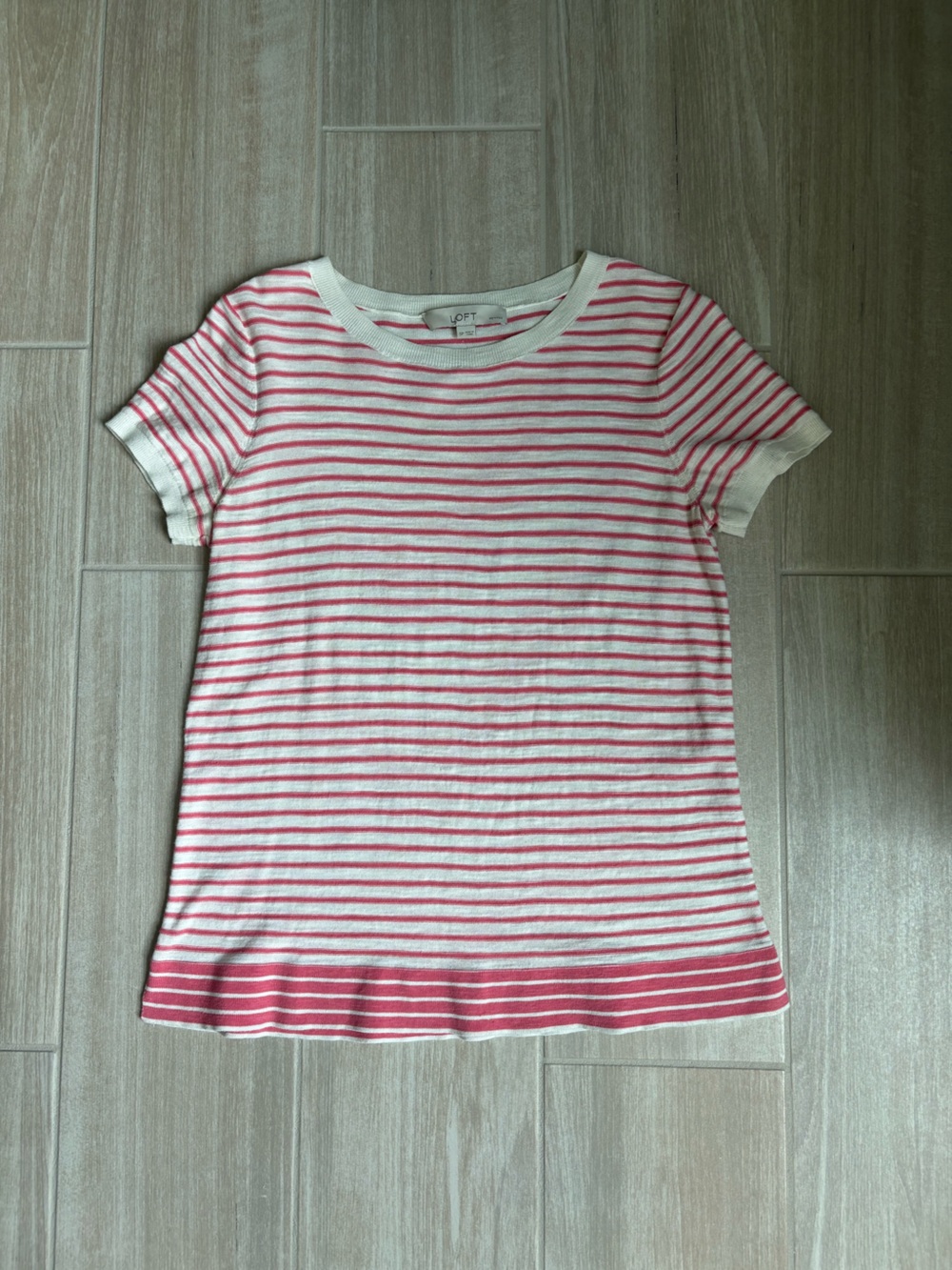 LOFT Pink and White Striped Cotton Crewneck Short Sleeve Sweater Size SP